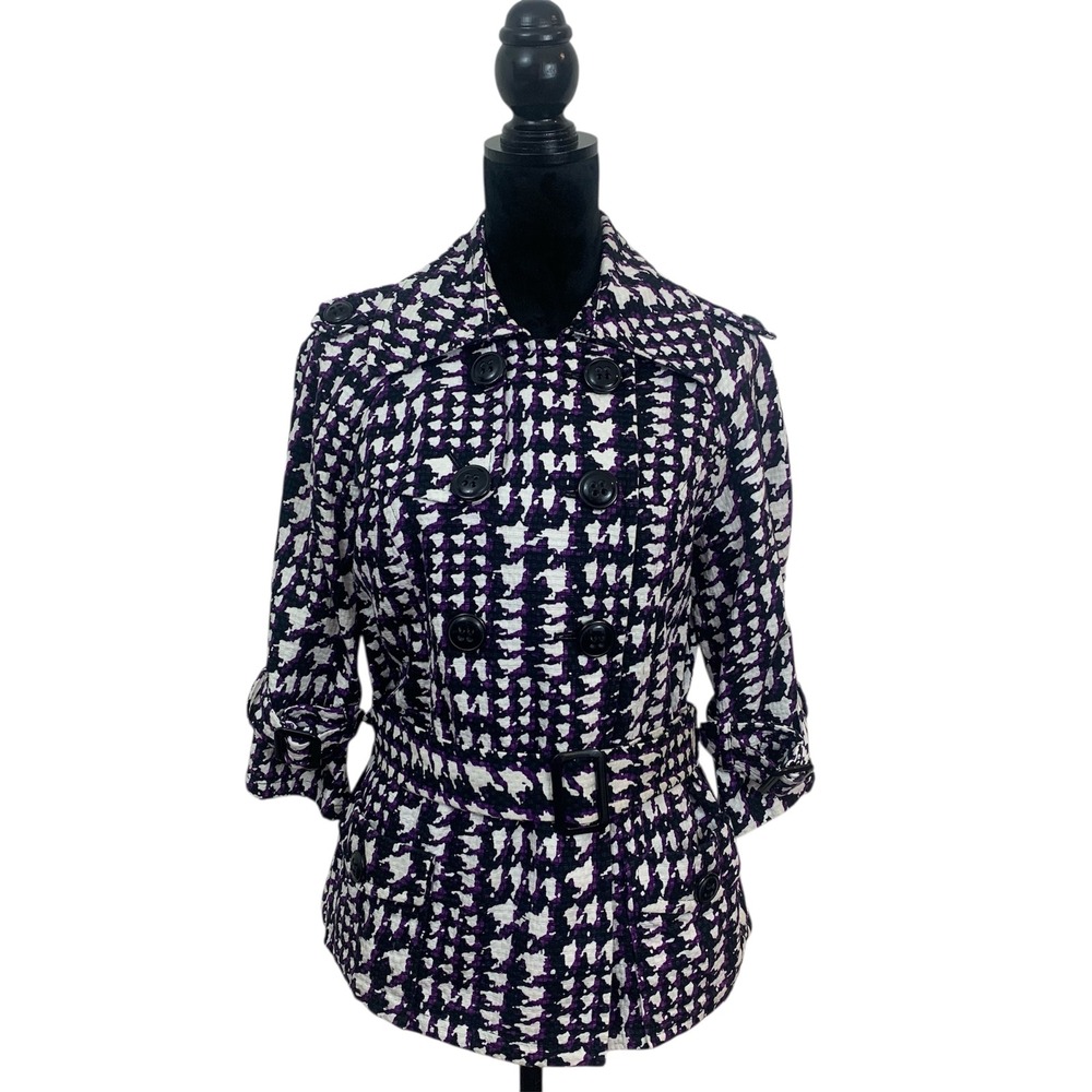 Josephine Women's Sz 8 Purple White Houndstooth‎ Double Breasted Belted Jacket